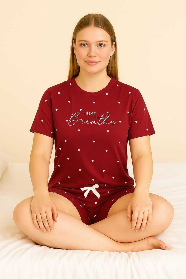 Kalp Desenli Kırmızı Kısa Kollu Şortlu Pijama Takımı - 3