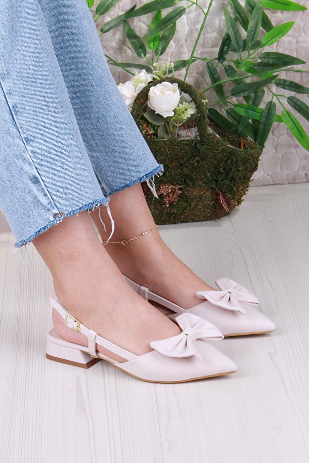 018-903 Fls Satin Bow Detailed Low Heel Open Back Closed Front Women's Shoes