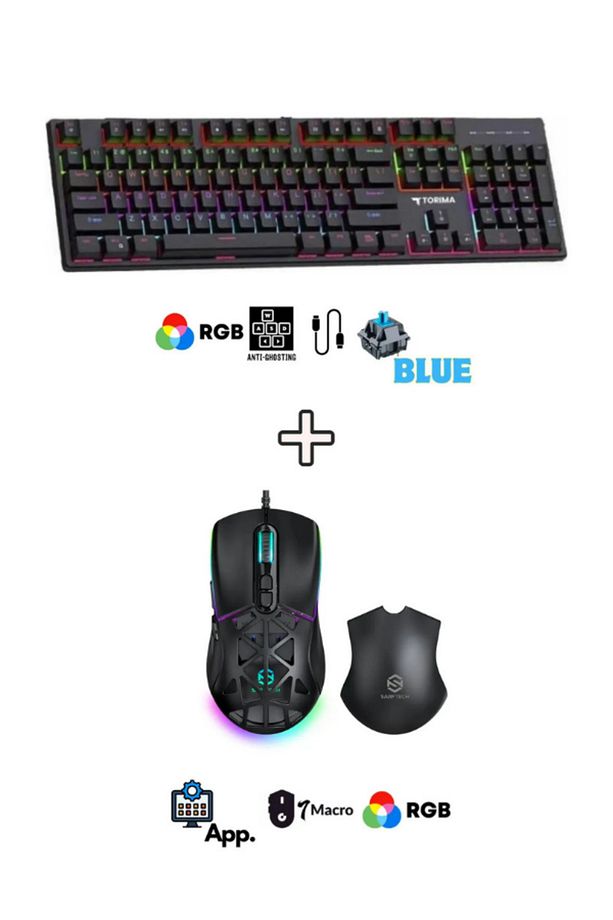 Kablolu Oyuncu Klavye Mouse Seti Siyah Beyaz RGB Gaming Mekanik Makrolu Klavye Mouse Set - 1