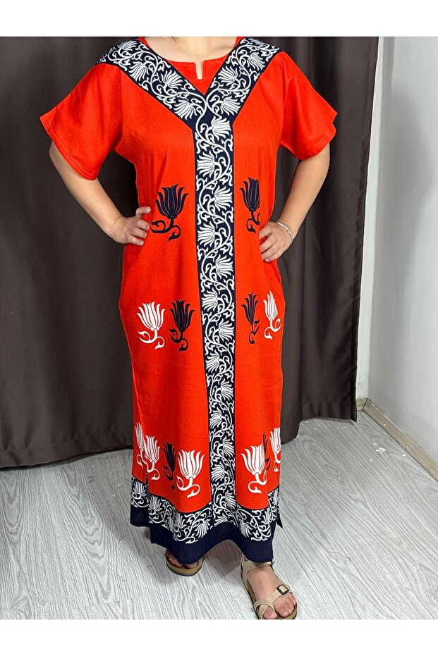 Red Patterned Summer Loose Dress – Comfortable Fit, Long Length, Stylish and Comfortable Daily Wear