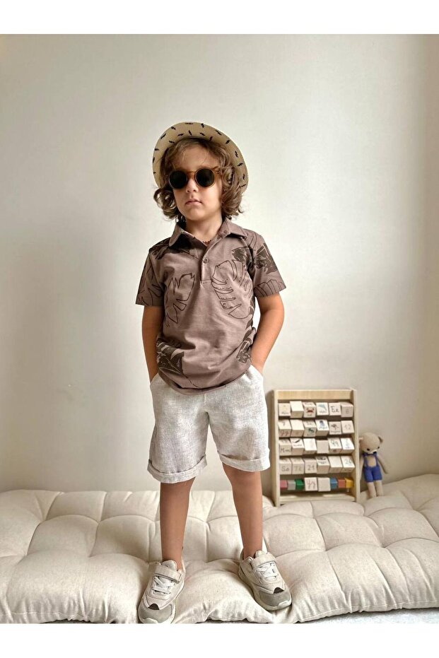Leaf Printed T-Shirt Linen Shorts Boys Set