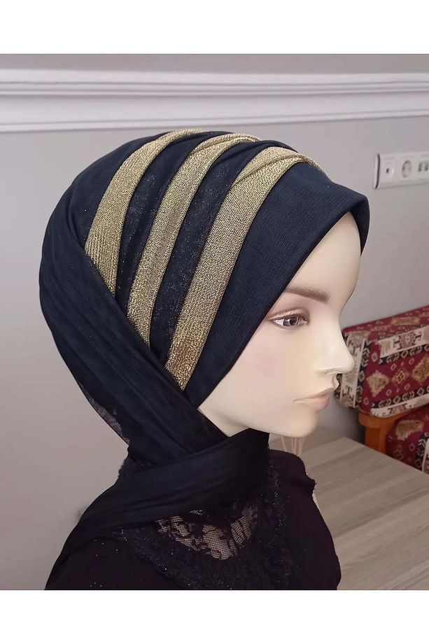 Siyah Renk Gold Simli Drape Eşarp Tipi Şal Modeli Hazır Duvak Hazır Şal Hazır Türban - 3