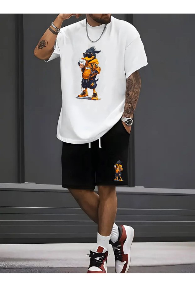Cotton Set of 2 Solid Color Men Women Unisex Regular Shorts and Tshirt T-Shirt Crazy Duck Drink