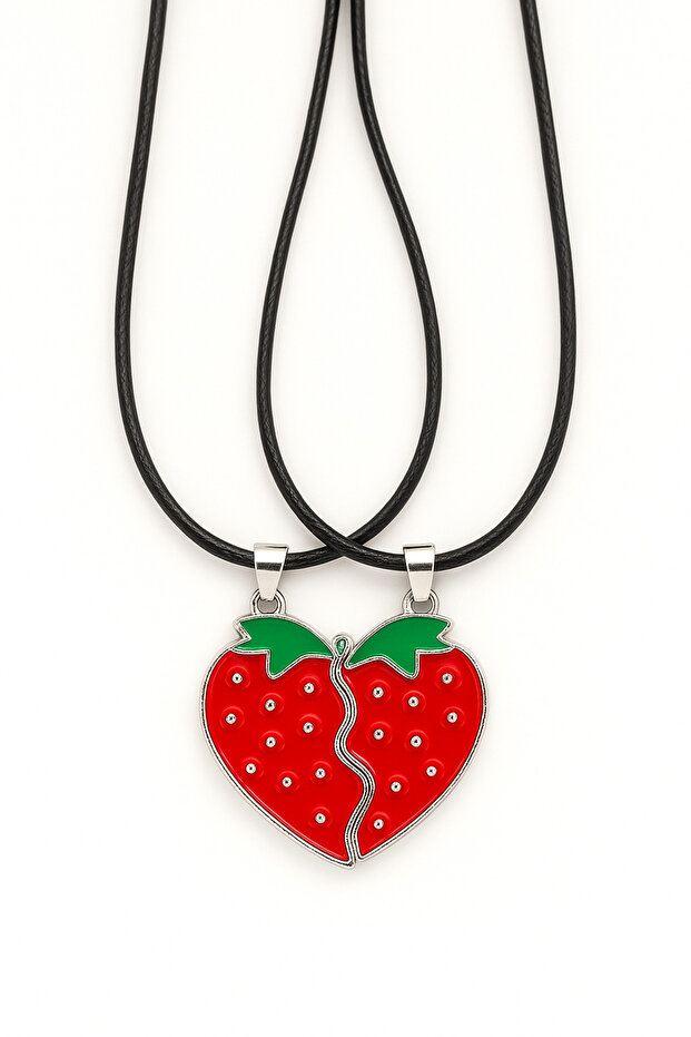 Magnetic Strawberry and Rainbow Design Leather String 2-Piece Children's Teenage Necklaces Friendship Necklace