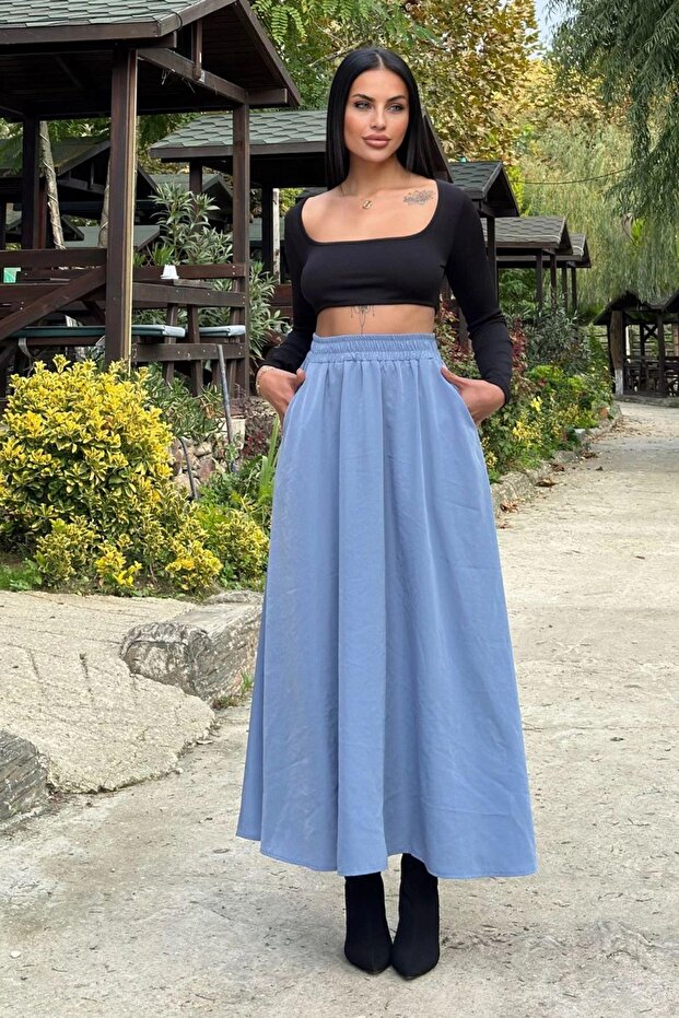 Women's Blue Elastic Casual Skirt - 700-3676
