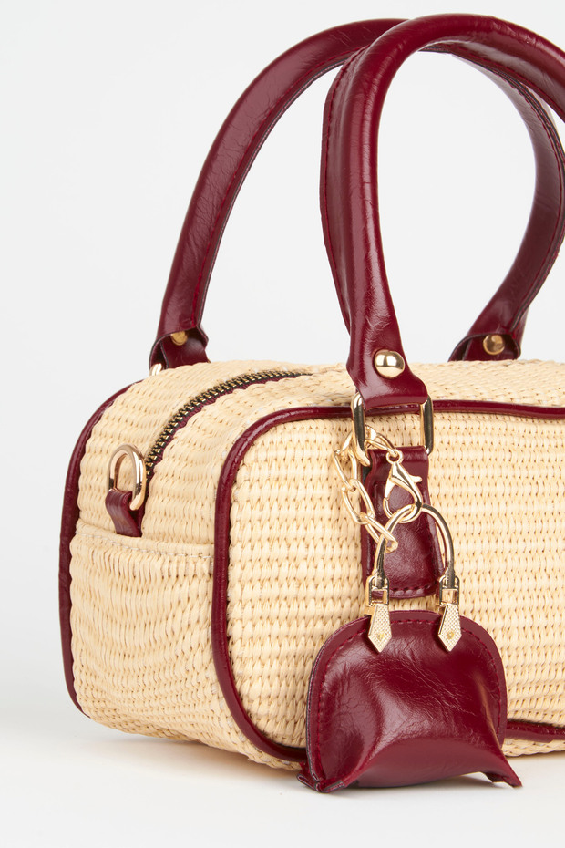 Women's Cedar Wicker Burgundy Zipper Closure Handbag and Shoulder Bag with Charm Accessories