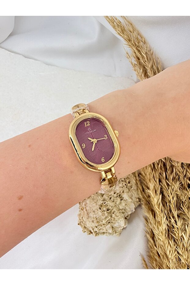 Oval Vintage Gold Inside Burgundy Women Wrist Watch