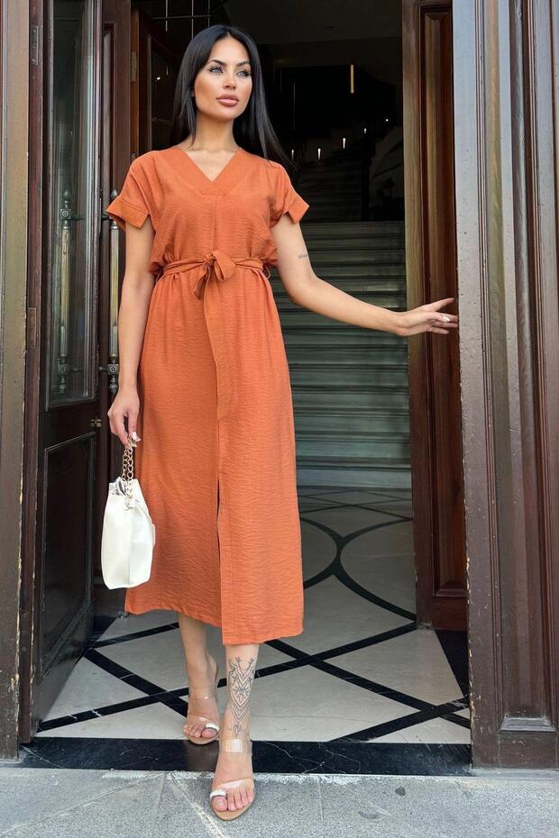 Women's Tile V-Neck Slit Linen Dress - 700-3221