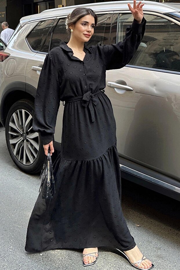 Women's Black Pompom Aerobin Self-Textured Gathered Plus Size Comfortable Fit Dress - 700-3550