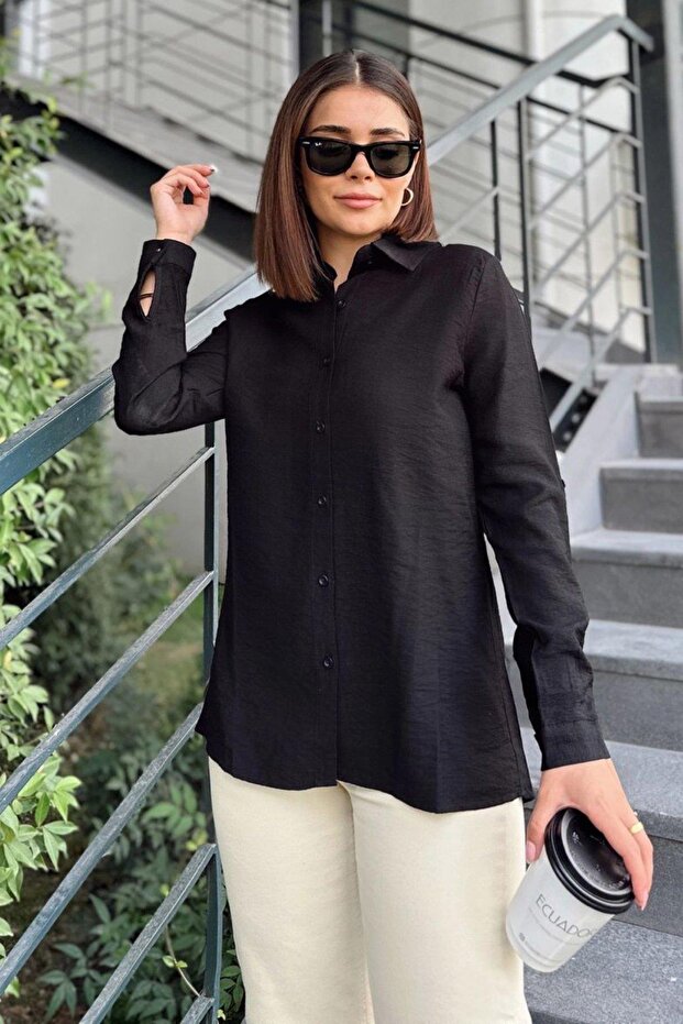 Women's Black Robe Classic Linen Shirt - 700-3043