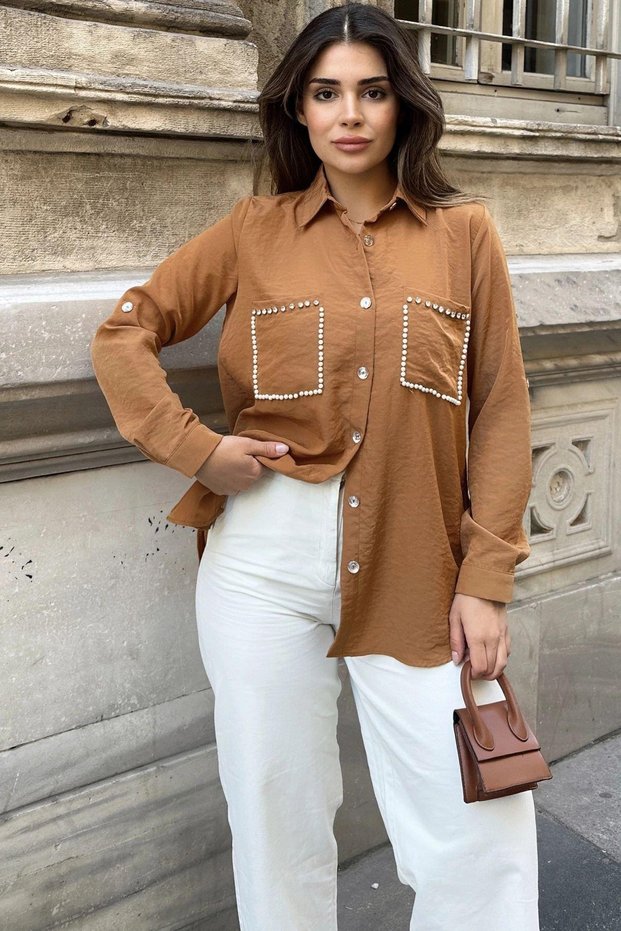 Women's Coffee Pearl Detailed Casual Shirt - 700-3594
