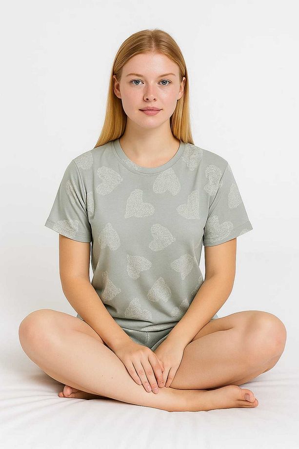 Gri Renkli Kalp Desenli Kısa Kollu Şortlu Pijama Takımı - 2