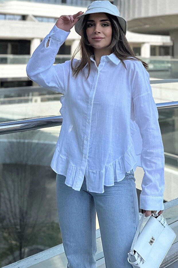 Women's White Ruffled Cotton Linen Shirt - 700-3570