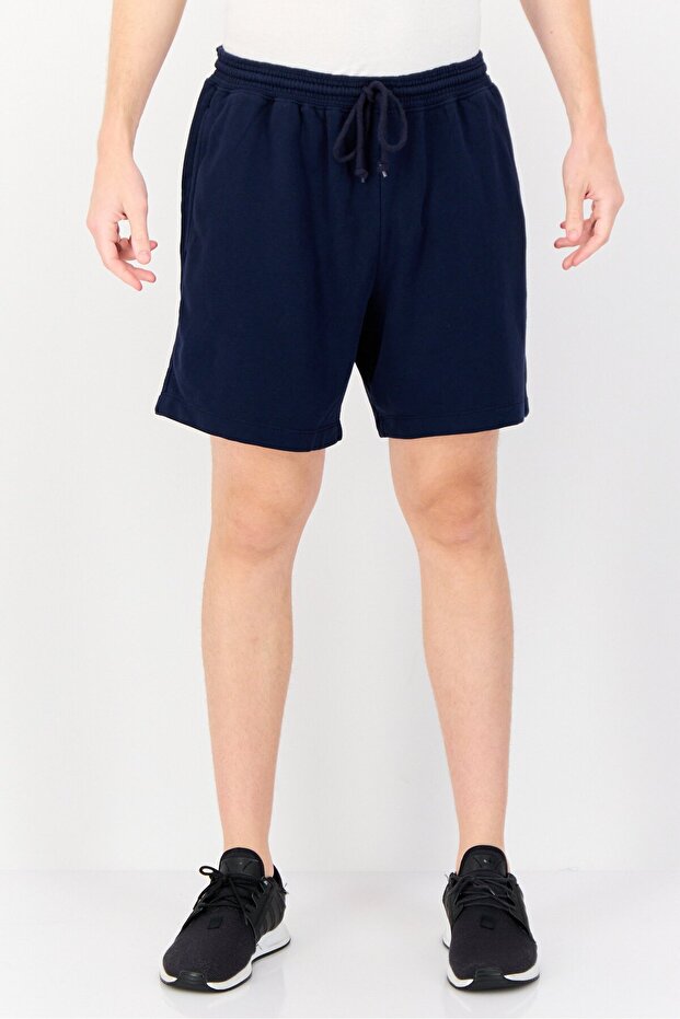 Men Solid Drawstring Basic Shorts, Navy Blue - 1