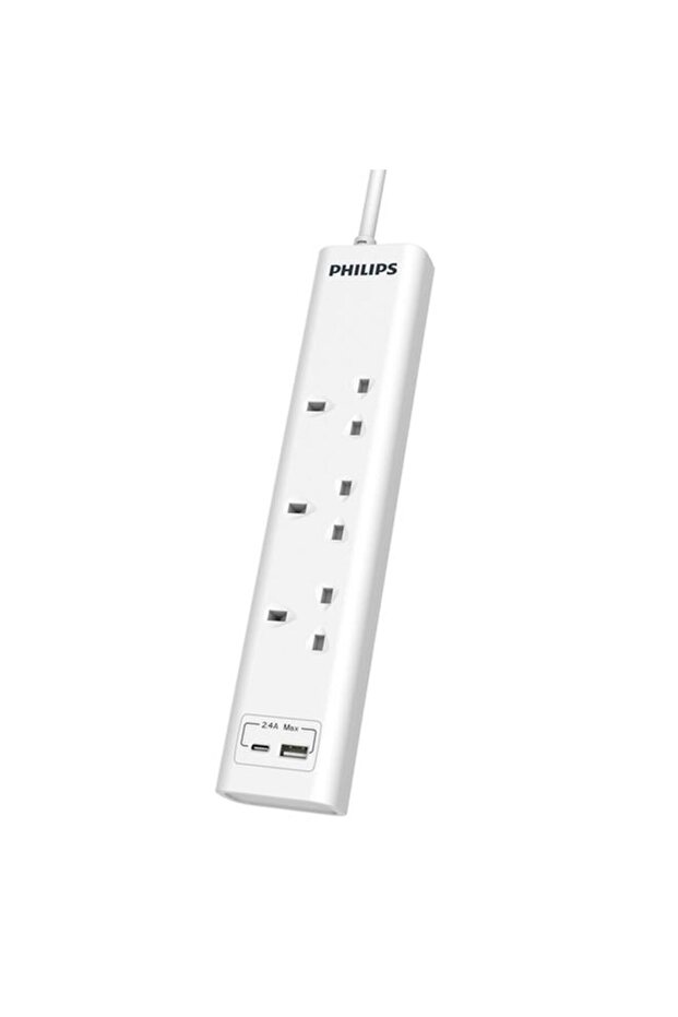سلك تمديد طاقة فيليبس 13 أمبير، 3 مقابس، 2 منفذ USB، بريطاني، أبيض، CHP4131WB/89