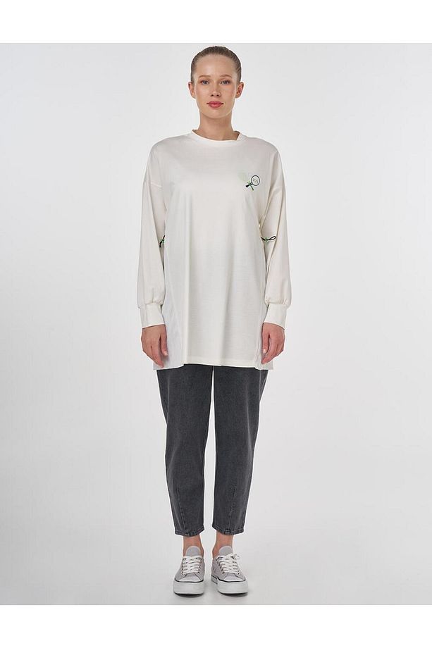 Görsel Baskılı Örme Sweatshirt Ekru - 3