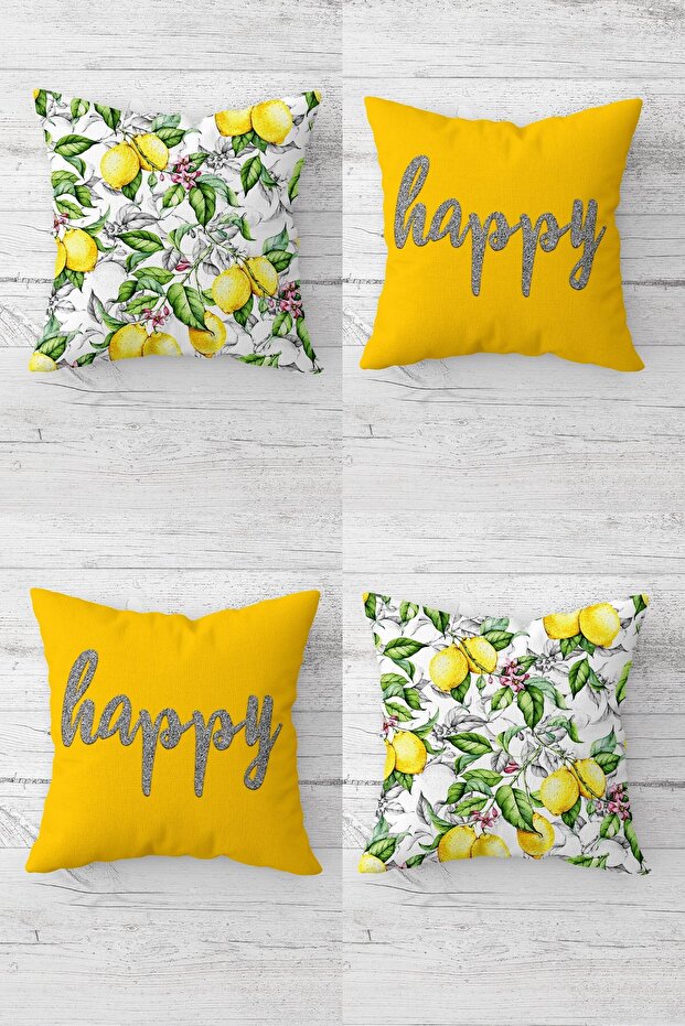 مجموعة غطاء وسادة مخفي بسحاب وطبعة ليمون وHappy Written (4 قطع)