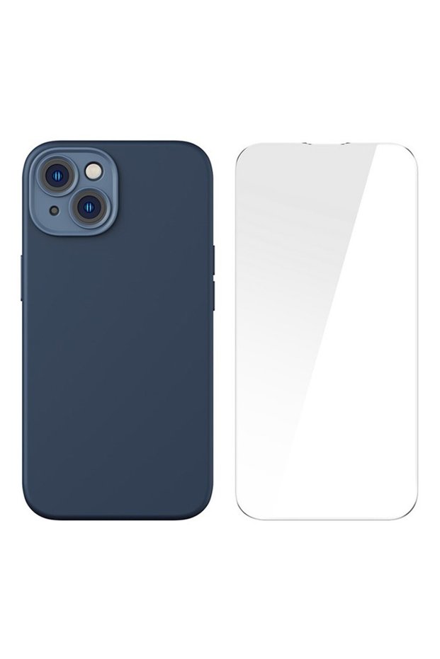 Liquid Silica Gel iPhone 14 6.1 Magsafe Silicone Case + Tempered Screen Protector Set Blue