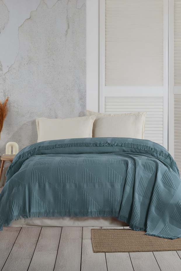 Sirus Jakarlı Dokuma Yatak Örtüsü ( Pike ) Çift Kişilik 220x240 Cm.Mavi - 1