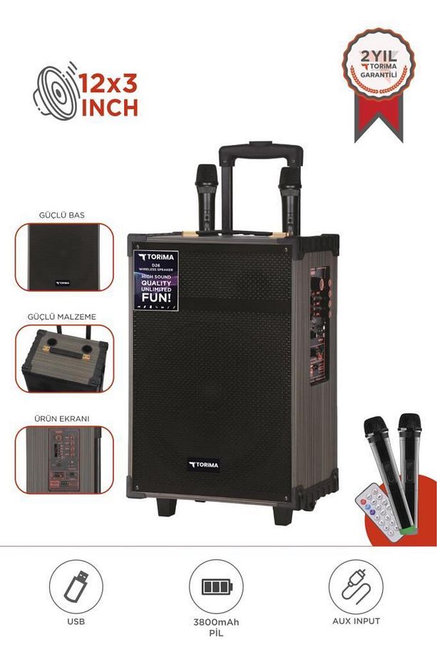 D46 Kahverengi USB, TF, BT, TWS, FM Çift Mikrofonlu Hoparlör Parti Speaker - 1