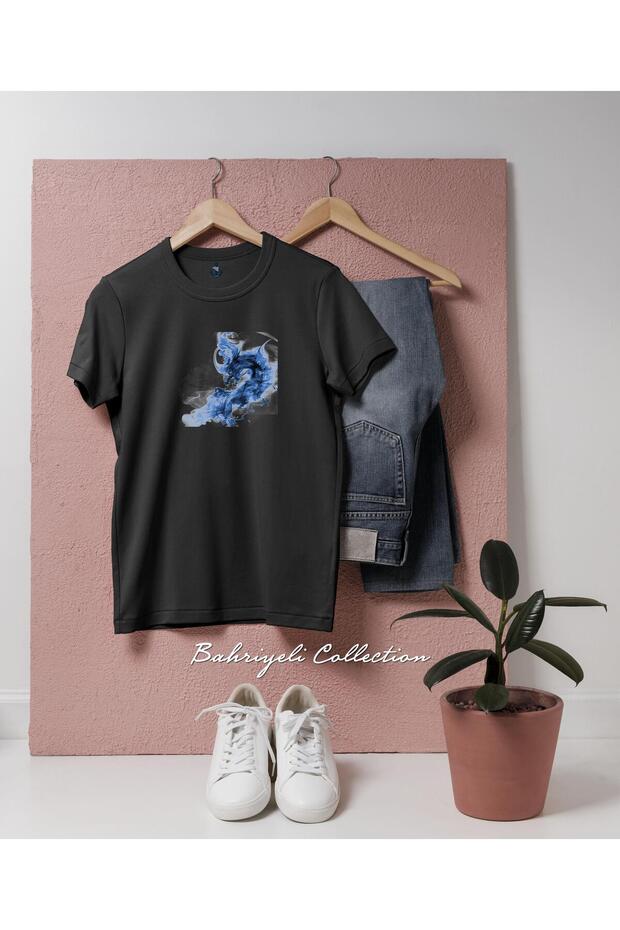 Oversize Black and Blue Dragon Illustration Ink Designed Unisex T-Shirt