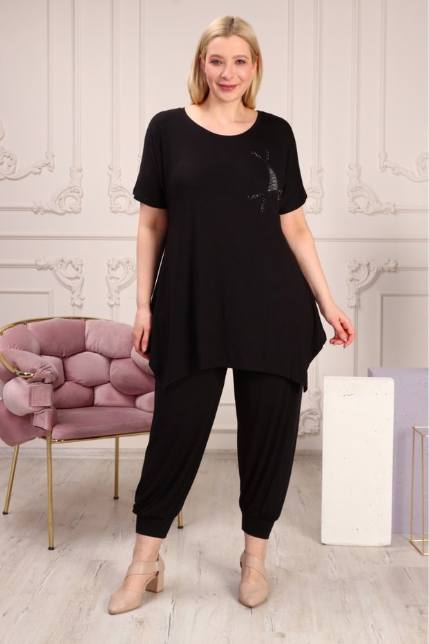 Plus Size Full Lycra Loose Crew Neck Pants with Stones Seasonal Sweat-Free Women's Suit