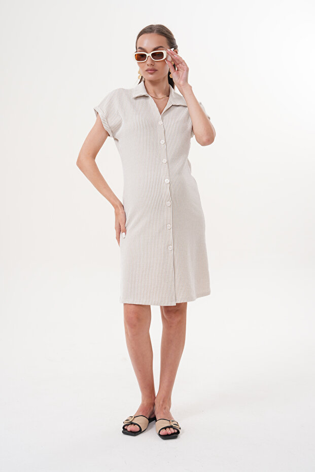 Shirt Collar Short Sleeve Striped Front Button Midi Length Maternity and Maternity Dress