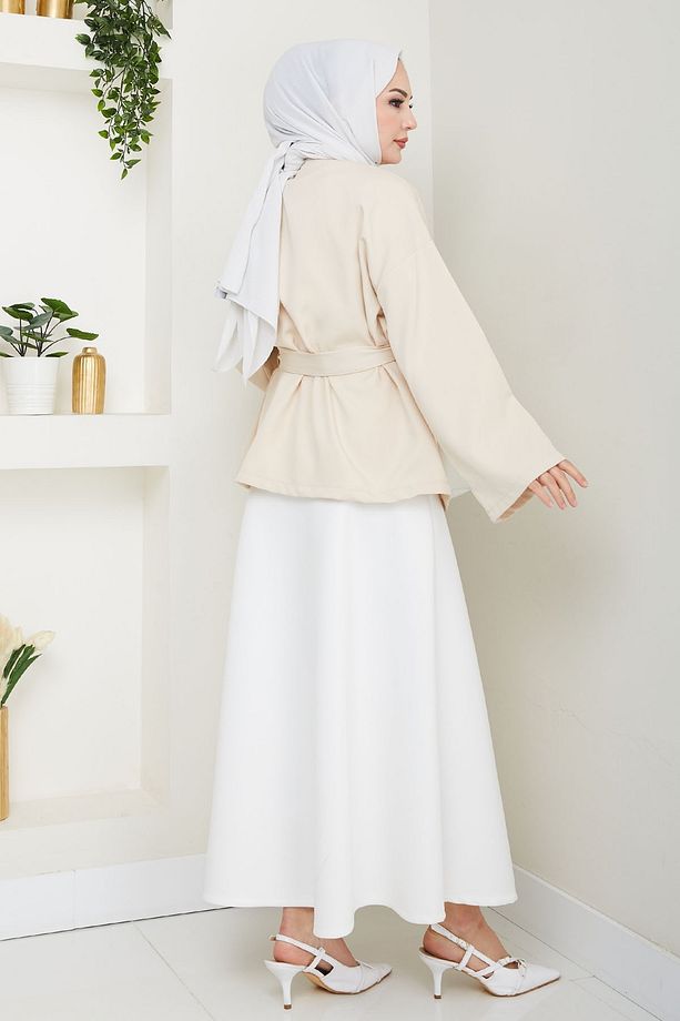 Kuşaklı Tek Düğmeli Double Kimono Taş - 5