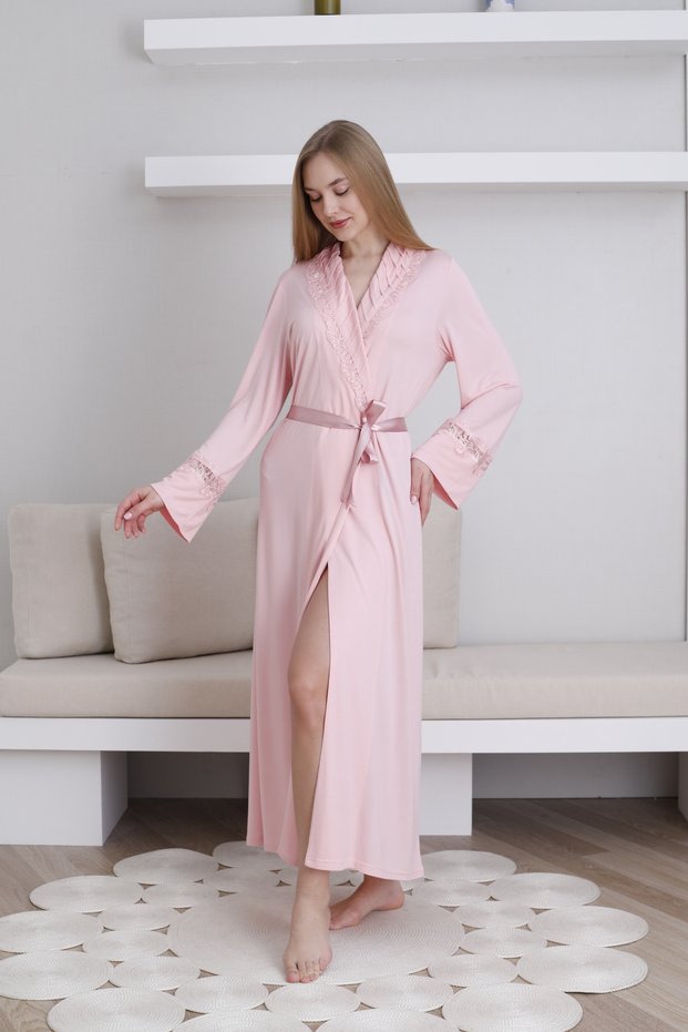 Lace Detailed Women's Dressing Gown / Shawl Collar Tie Waist / Cotton Stretch Fabric