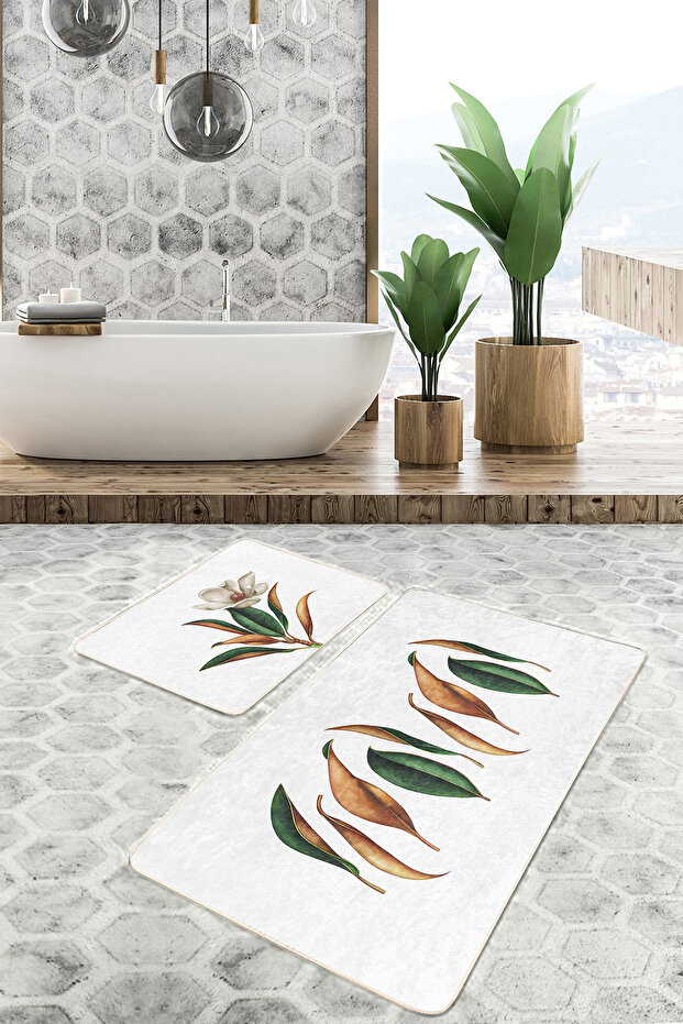 3D Tropical Leaf Motif 2-Piece Bathroom Mat Set & Kitchen Mat Set