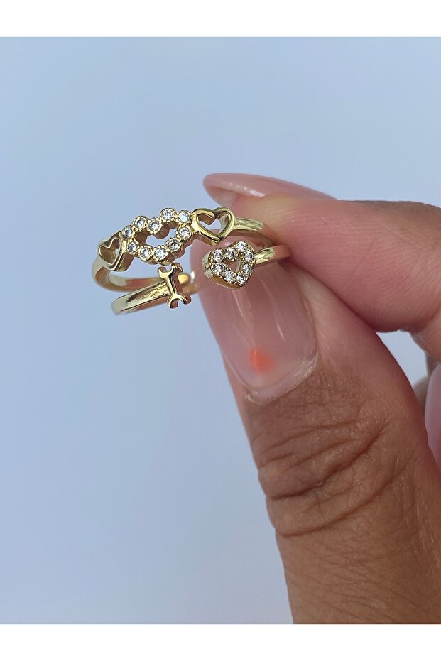 طقم خواتم مزدوجة موديل قلب وحجر قابل للتعديل - 7