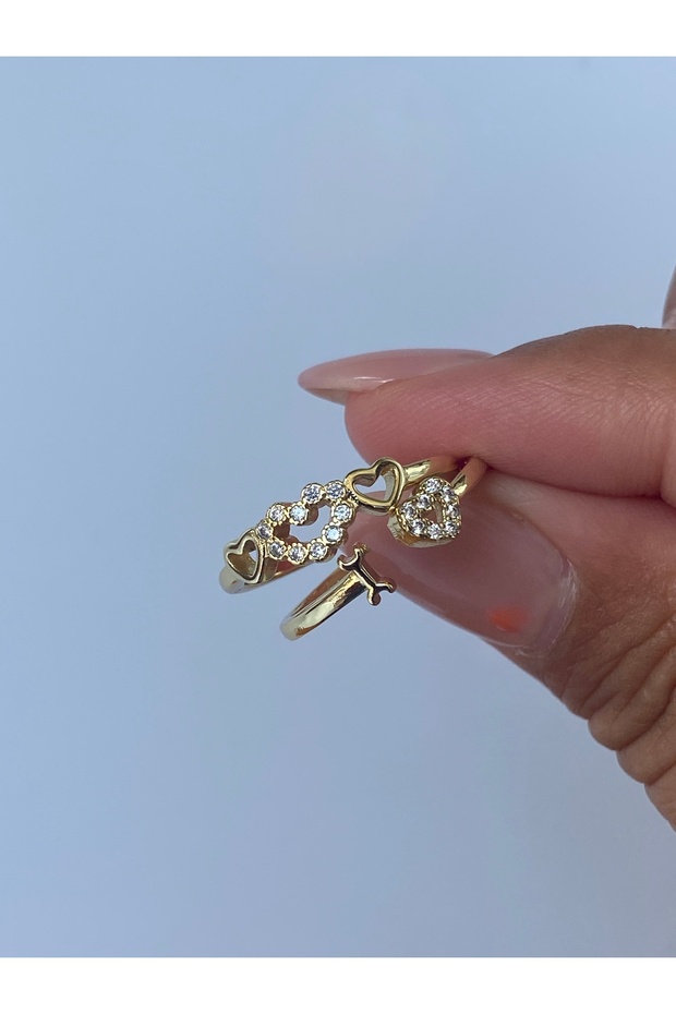 طقم خواتم مزدوجة موديل قلب وحجر قابل للتعديل - 3