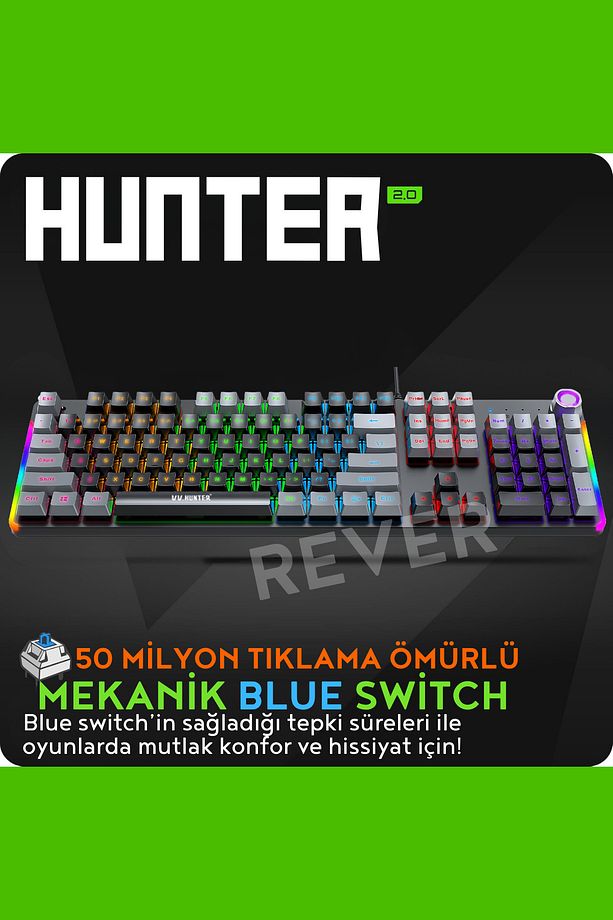 HUNTER Blue Switch Mekanik Gaming Oyuncu Klavyesi Rainbow 15 Farklı Mod Led Işıklı Klavye - 4
