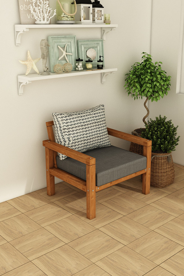 Rustik Tekli Ahşap Kanepe Teak Renk - 3