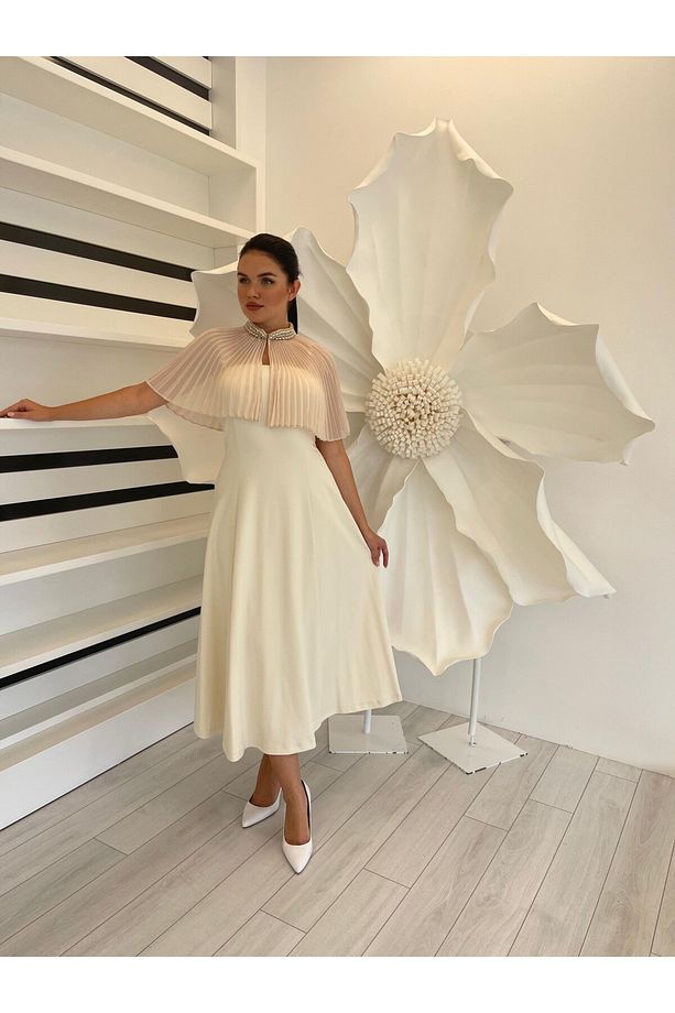 3072 ÜST ŞİFON DETAYLI ELBİSE - 1