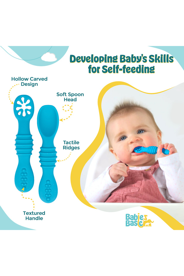 ملعقة تدريب الأطفال الأساسية من بيبيز بيسيك، ذات رأس ناعم وخالية من مادة BPA، مع هراسة - لون أزرق - 2