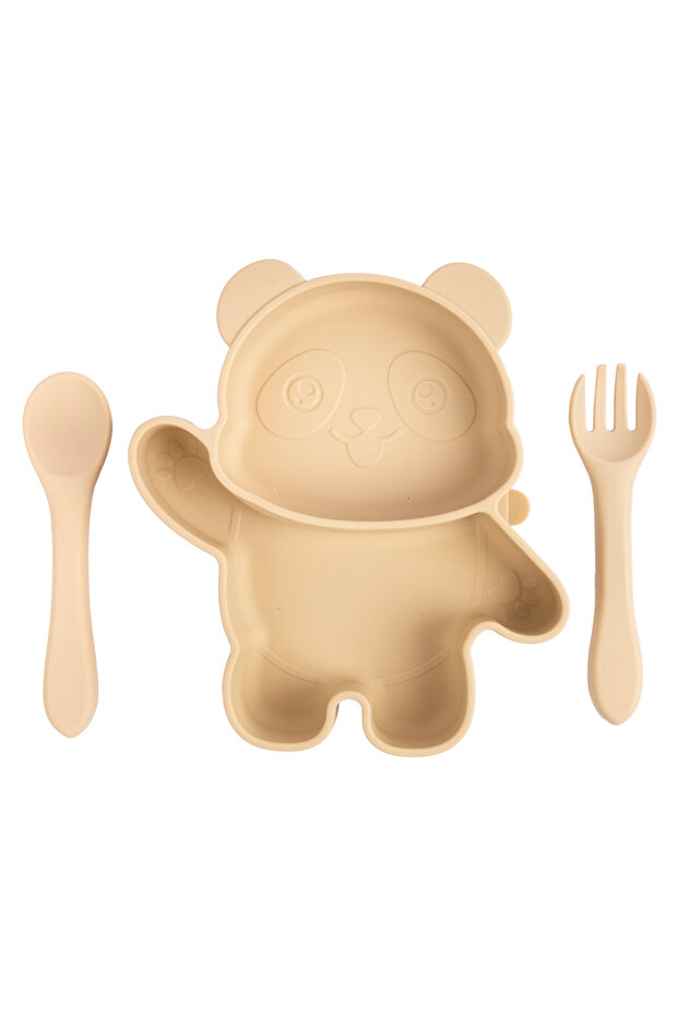 3 Piece Silicone Feeding Set, with Silicone Suction Plate, Spoon and Fork - Beige