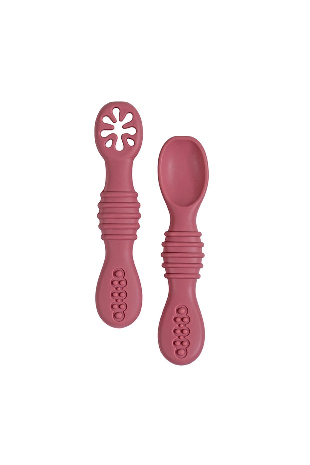 BabiesBasic Soft Tip BPA Free Silicone First Stage Training Spoon with Masher- Dusty Pink