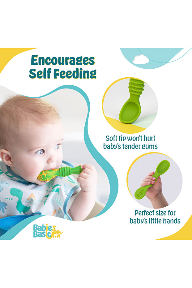 ملاعق بيبيز بيسيك للتدريب على المرحلة الأولى من السيليكون، ذات رأس ناعم وخالية من مادة BPA - لون أخضر - 2