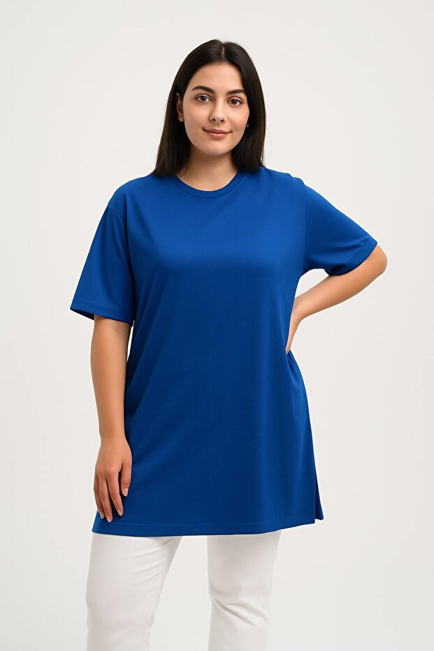 Women's Summer Short Sleeve Slit Cobalt Blue Color Tunic
