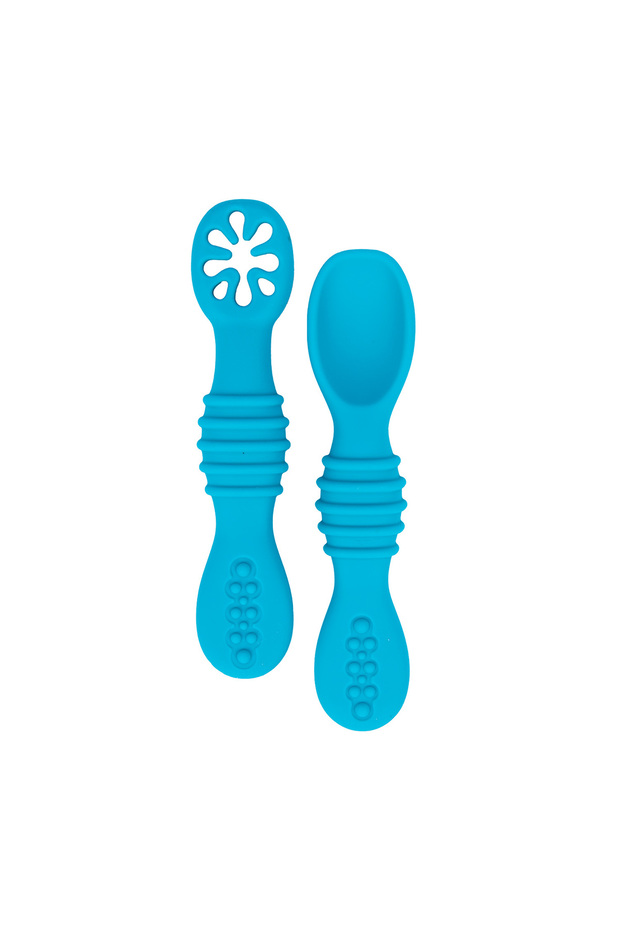 ملعقة تدريب الأطفال الأساسية من بيبيز بيسيك، ذات رأس ناعم وخالية من مادة BPA، مع هراسة - لون أزرق - 1