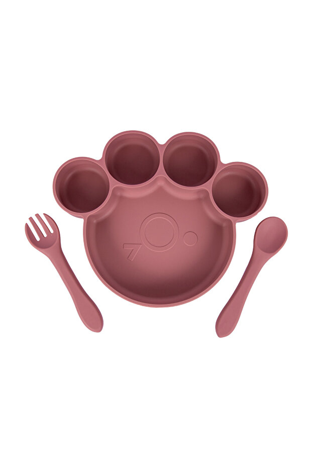 3 Piece Silicone Feeding Set, with Silicone Suction Plate, Spoon and Fork - Pink