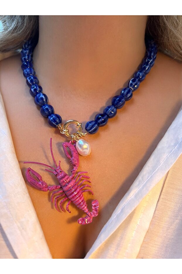 Pembe Renk Istakoz Uçlu Lacivert Renk Taş Kolye - 1