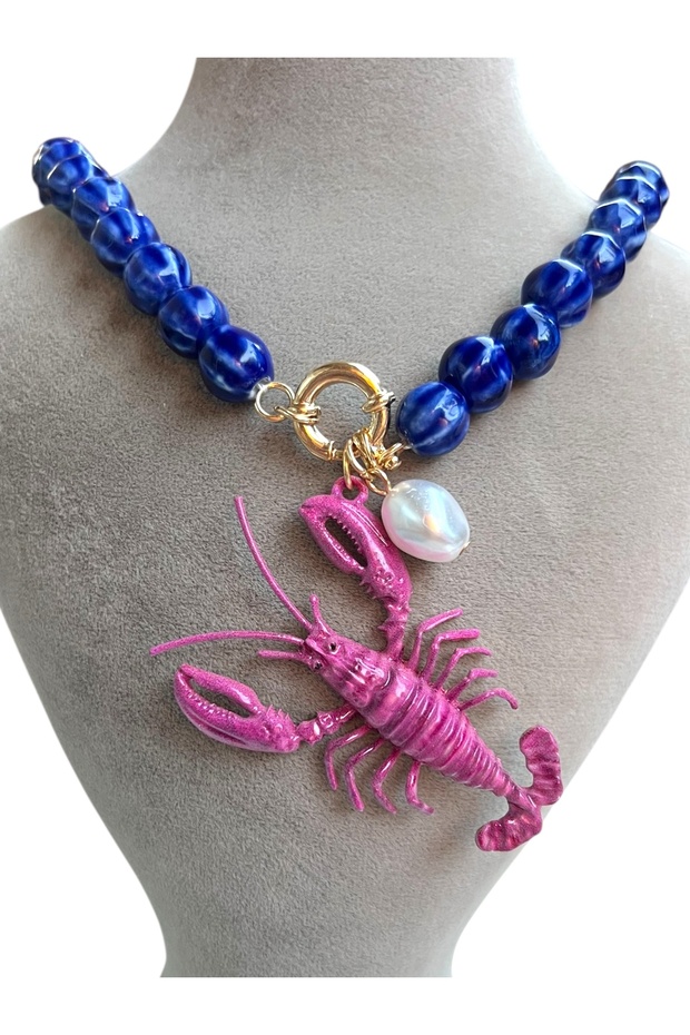 Pembe Renk Istakoz Uçlu Lacivert Renk Taş Kolye - 2