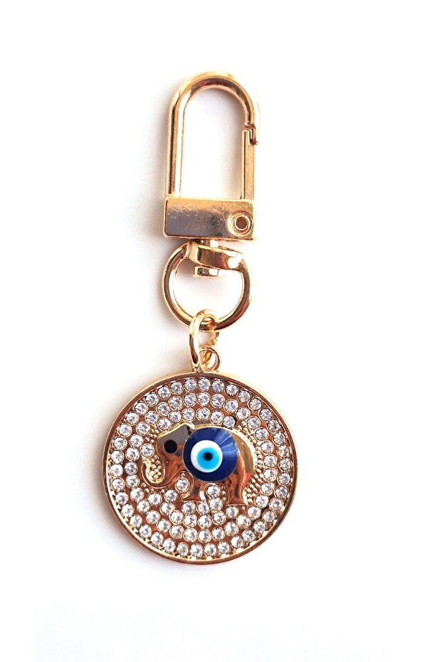 Gift Zircon Stone Evil Eye Beaded Elephant Keychain - Bag Ornament - Gold 6.5 cm