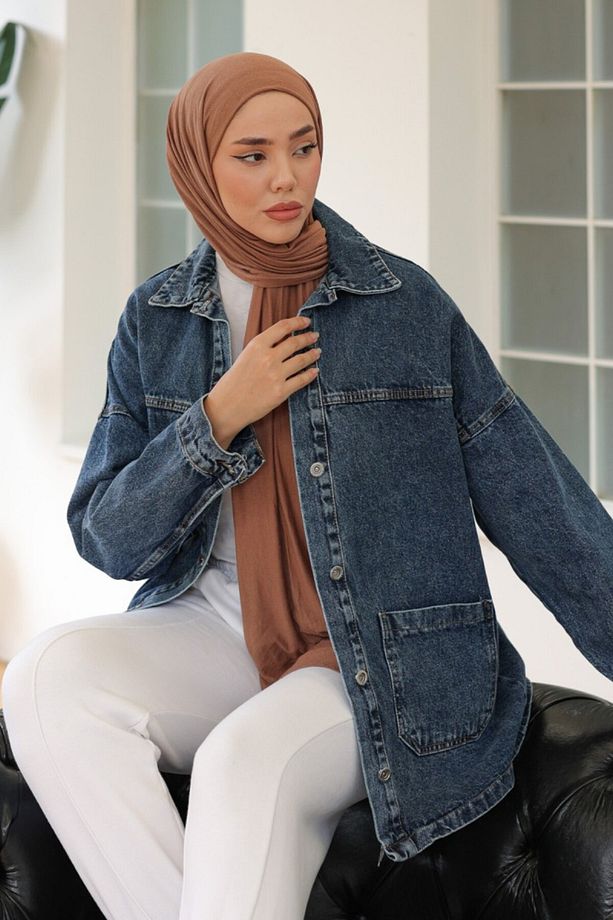 Kadın Kar Yıkama Çift Cepli Düğmeli Kot Ceket Koyu Mavi - 26657 - 1