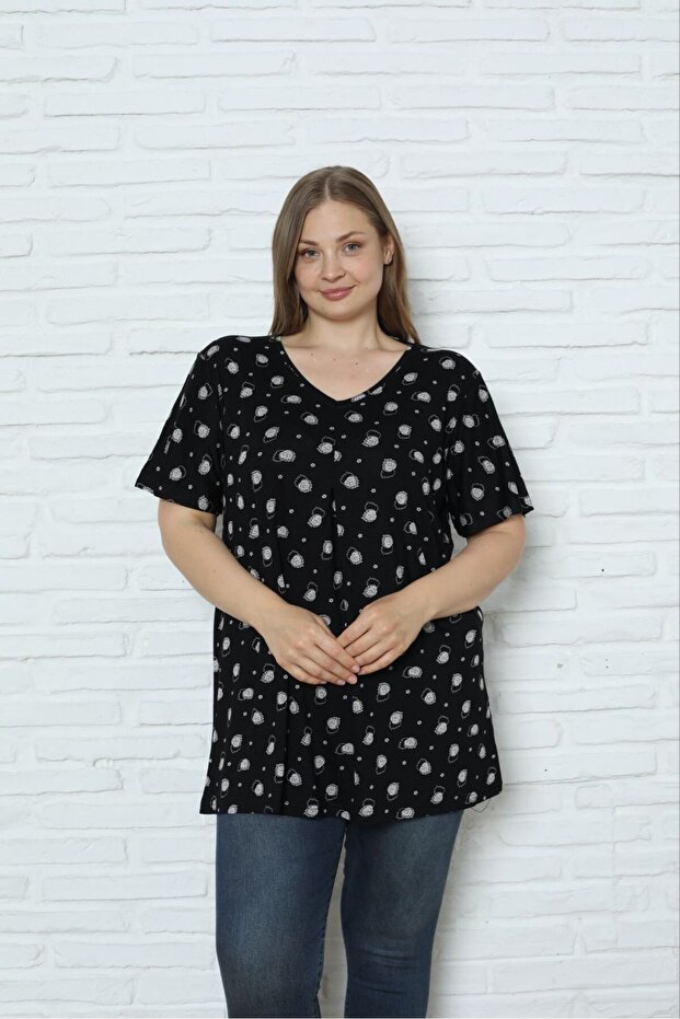 Plus Size V-Neck Black Loose Cut Lycra Blouse