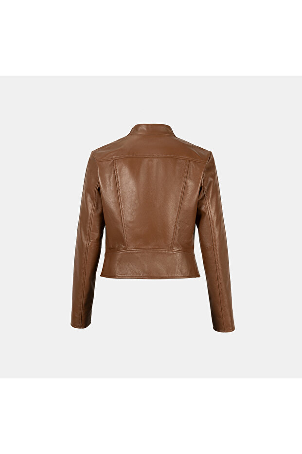 Kadın Taba Deri Biker Ceket - 6