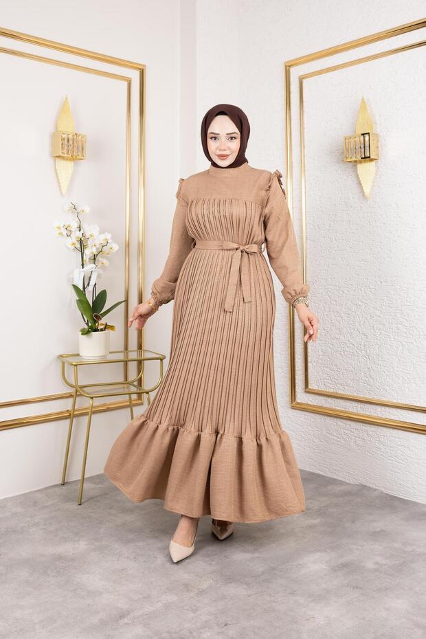 Women's Ruffle Detailed Belted Beige Linen Dress