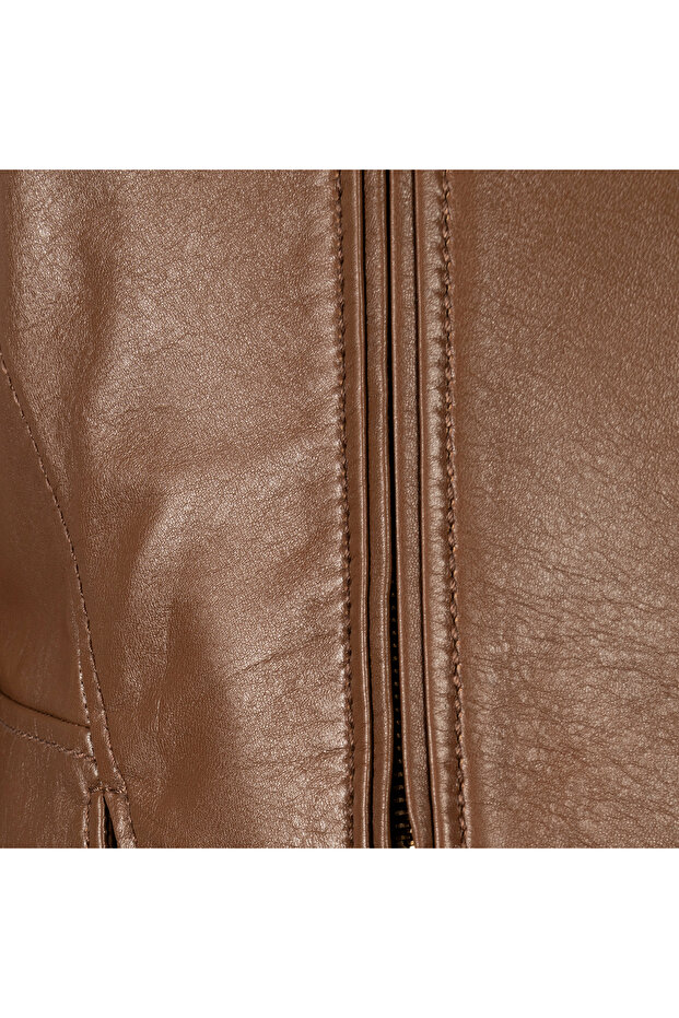 Kadın Taba Deri Biker Ceket - 7